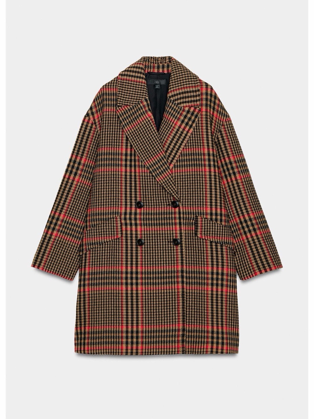 Zara Double-Breasted Plaid Coat in Brown, Black & Red